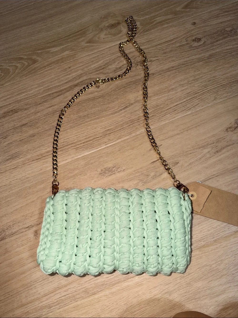 Handmade Mint Green Crochet Chain Shoulder Bag with gold chain NWT